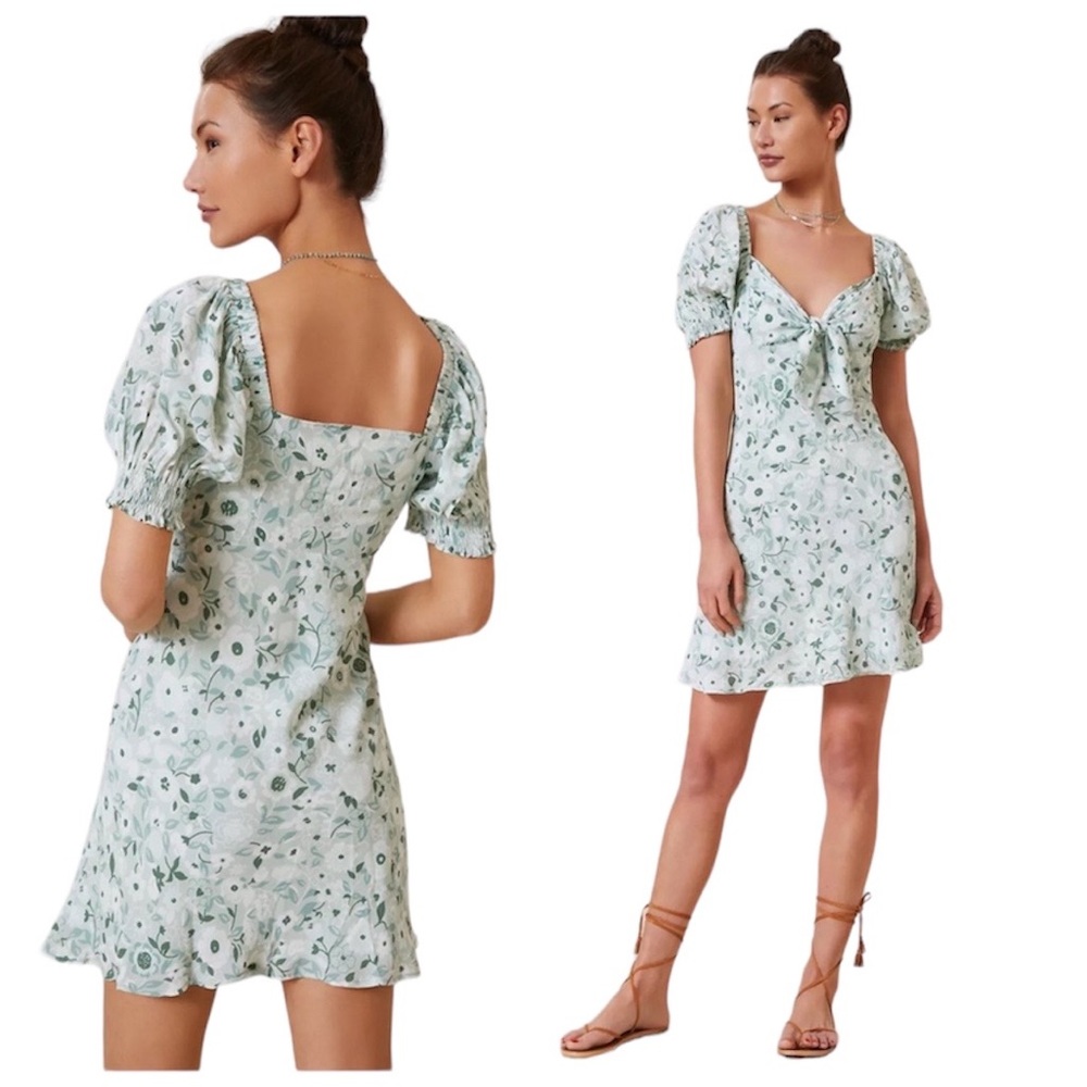 Anthropologie Forever That Girl Sweetheart Floral Puff Sleeve Front Tie Dress